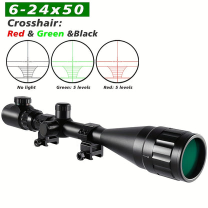 6-24x50 AO Rifle Scope Illuminated Red Green Reticle - Long Range Hunting Scope with 20mm Rail Mount Aluminum Alloy Optical Sight