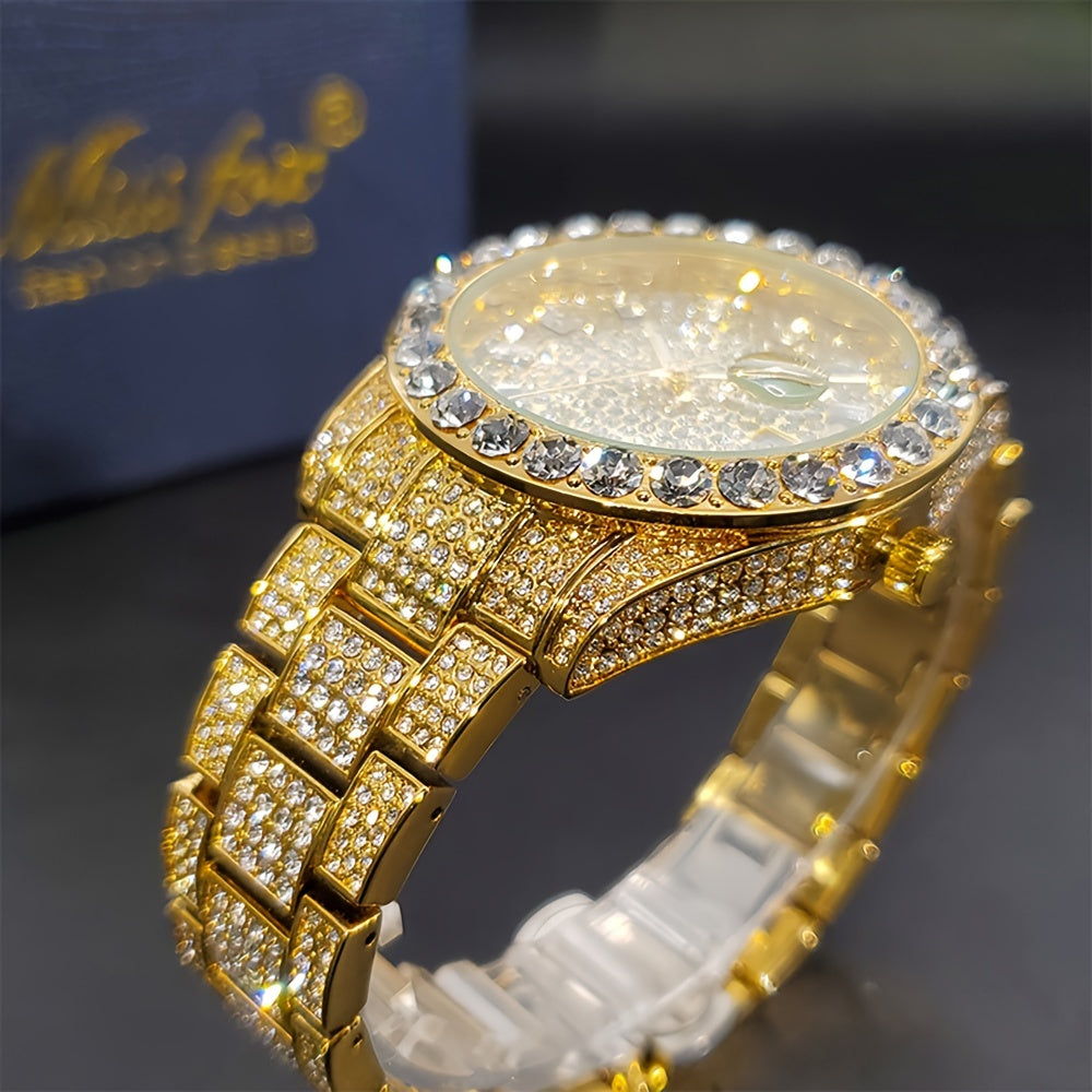 Men's Iced Rhinestone Quartz Watch Classic Business Fashion Wrist Watch with Date Display Zinc Alloy Strap Silver Gold Luxury Style Gift for Him