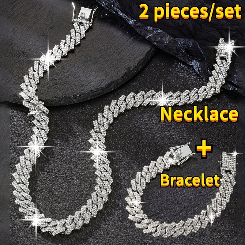 Cuban Link Chain Jewelry Set for Men 2pcs – Hip Hop Miami Bling Necklace and Bracelet Set, Luxury Fashion Streetwear Accessories, Perfect Birthday Anniversary Gift for Him