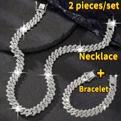 Cuban Link Chain Jewelry Set for Men 2pcs – Hip Hop Miami Bling Necklace and Bracelet Set, Luxury Fashion Streetwear Accessories, Perfect Birthday Anniversary Gift for Him
