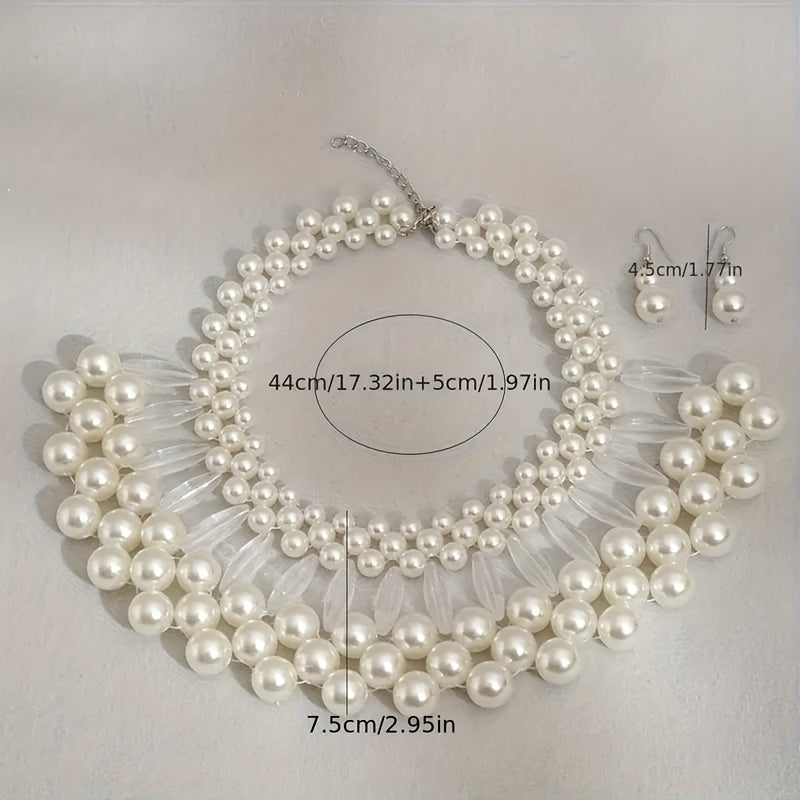 Bohemian Faux Pearl Tassel Necklace and Earrings Set Multi-Layered Handmade Bridal Jewelry Beaded Elegant Wedding Accessories Gift for Her