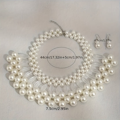 Bohemian Faux Pearl Tassel Necklace and Earrings Set Multi-Layered Handmade Bridal Jewelry Beaded Elegant Wedding Accessories Gift for Her
