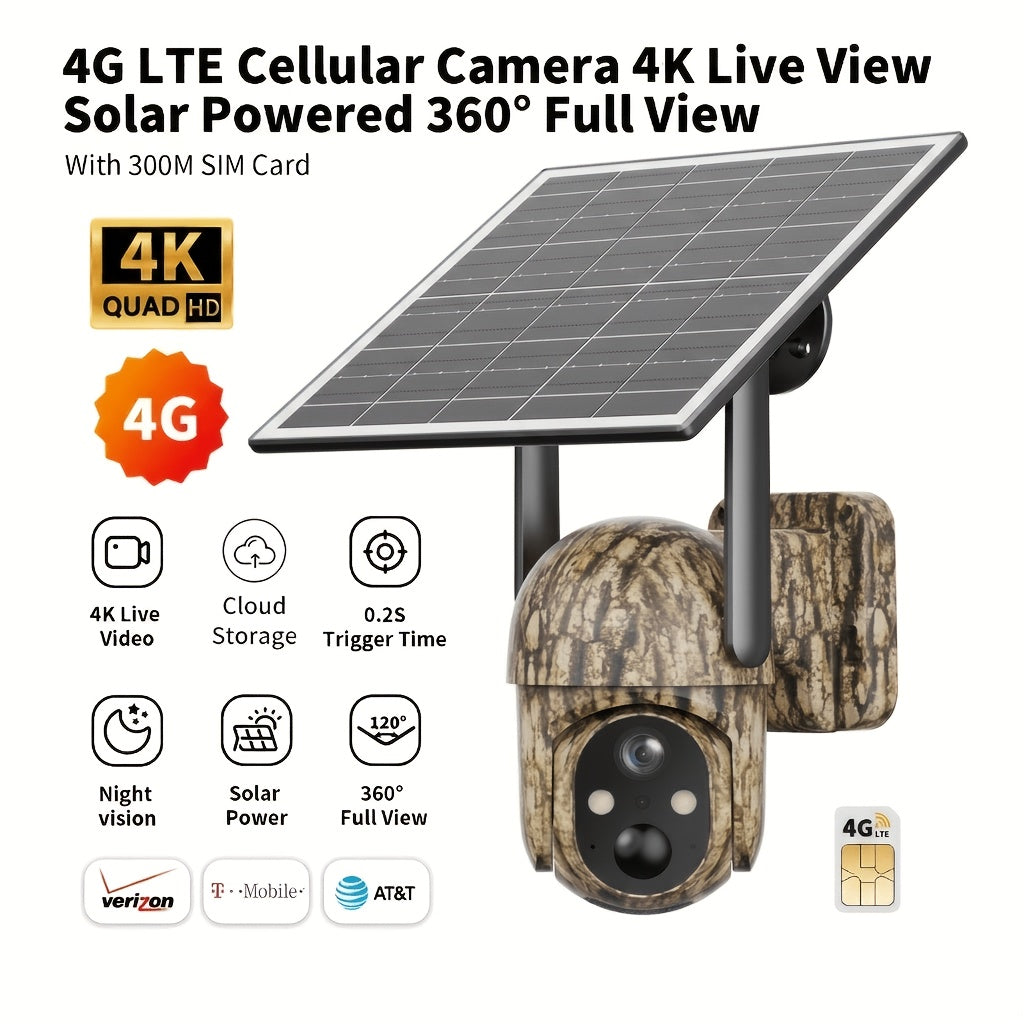 4G LTE Solar Security Camera Outdoor Wireless – No WiFi Needed, 4K Night Vision, 360° Live View, Two-Way Audio, Waterproof Trail Camera for Hunting, Farm, Ranch & Wildlife Monitoring