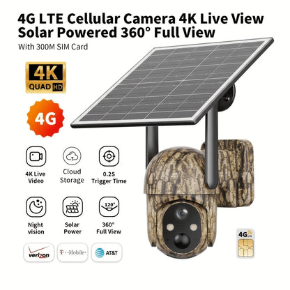 4G LTE Solar Security Camera Outdoor Wireless – No WiFi Needed, 4K Night Vision, 360° Live View, Two-Way Audio, Waterproof Trail Camera for Hunting, Farm, Ranch & Wildlife Monitoring
