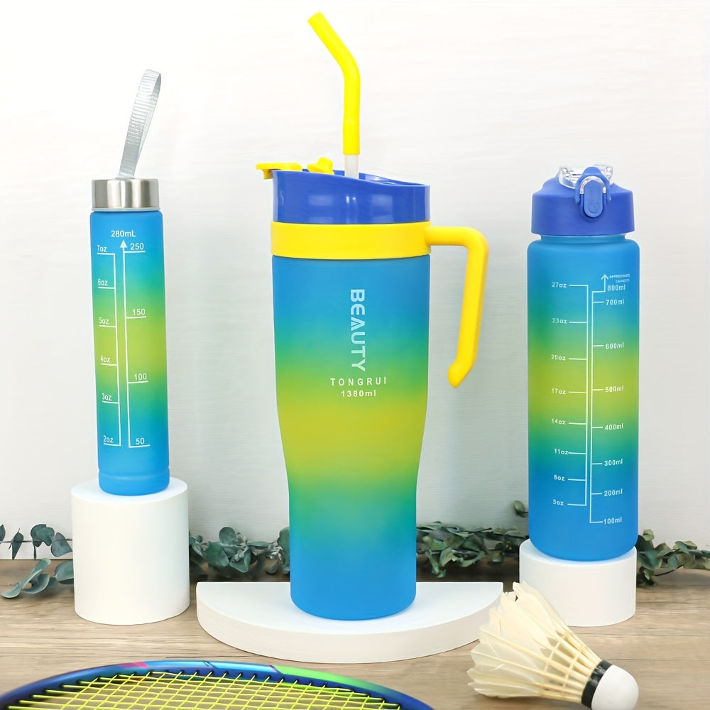 3-Pack Water Bottles Set 46oz 27oz 9.5oz with Straw Lid & Handle – BPA-Free Insulated Travel Cups for Gym Hiking Camping Fitness & Outdoor Sports, Leak-Proof Reusable Drinking Bottles