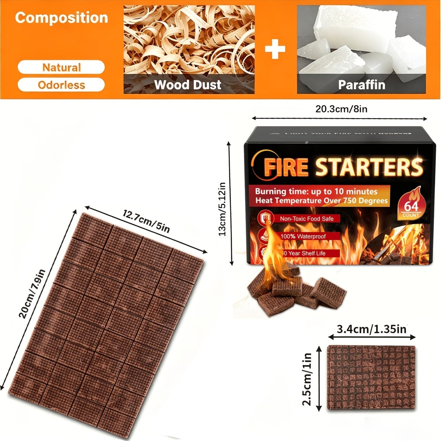 Fire Starter Squares – Waterproof Odorless Charcoal Firestarter Cubes for Campfire, BBQ, Grill, Fireplace & Wood Stove, No Kindling Needed, 32/64/128/192 Piece Packs