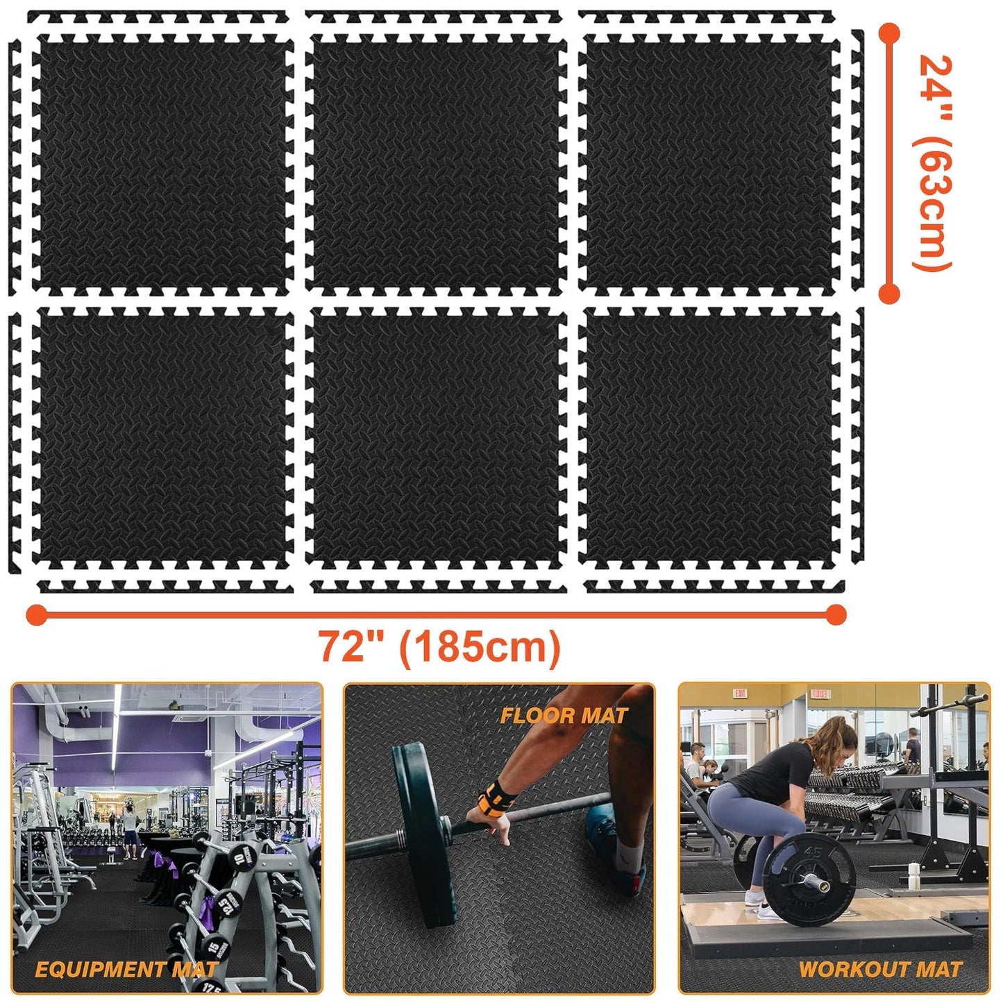 EVA Foam Puzzle Exercise Mat 24 SQFT 6-Tile Interlocking Floor Mat 24x24x0.5 Inch for Gym Garage Home Office Yoga Gymnastics Pilates Black