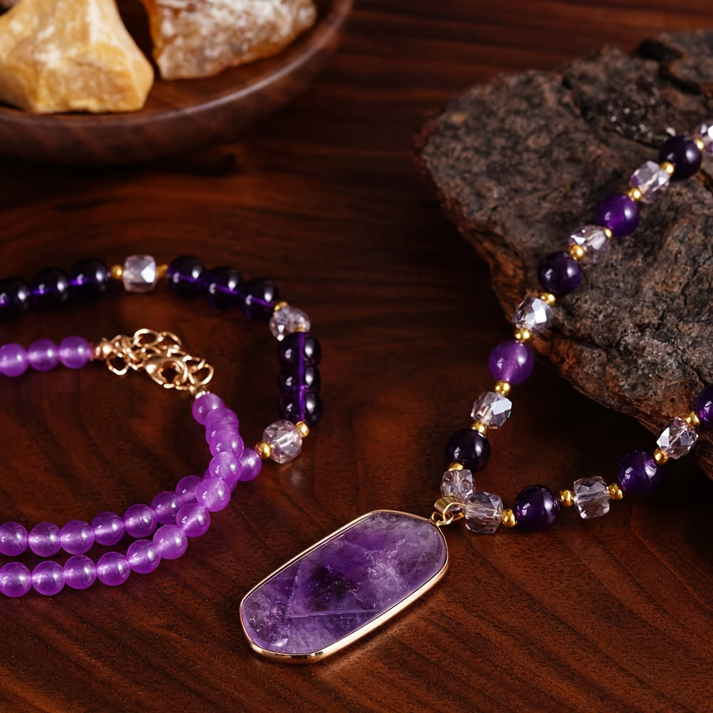 2-Pack Bohemian Natural Amethyst Double Layer Necklace Purple Stone Crystal Pendant Women Vintage Handcraft Mother's Day Birthday Gift