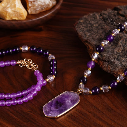 2-Pack Bohemian Natural Amethyst Double Layer Necklace Purple Stone Crystal Pendant Women Vintage Handcraft Mother's Day Birthday Gift