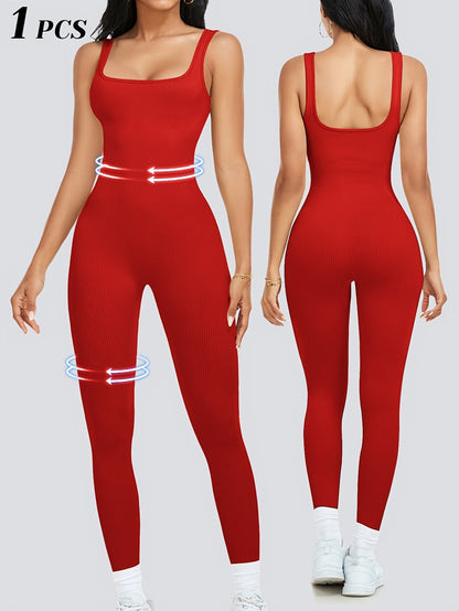 Women's Sleeveless Square Collar Jumpsuit – 90% Nylon Stretch Fabric, Thick & Opaque Active Wear for Yoga, Pilates, Running, Fitness & Everyday Events, Sizes S-XL, Multiple Colors