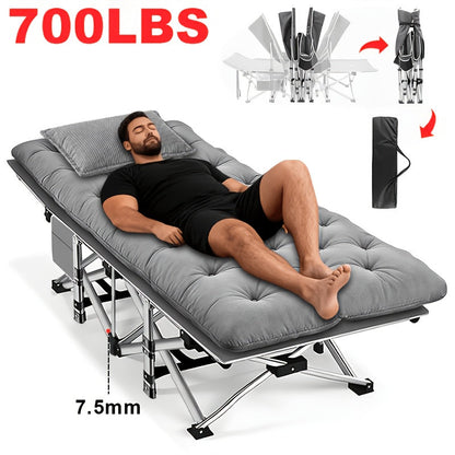 Heavy Duty Folding Camping Cot up to 700LBS – Extra Large 59"/75" Thickened Folding Bed with Mattress, Ergonomic Sturdy Frame, Portable Guest Bed & Patio Sofa for Camping, Hiking & Home Use – Black & Gray