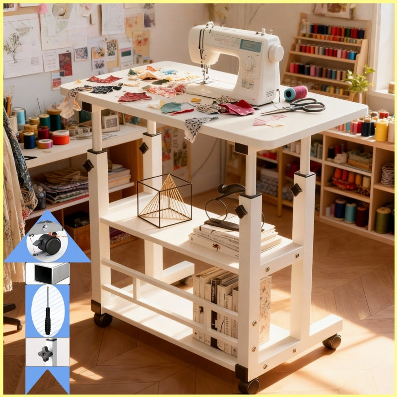 Mobile Craft Table with Adjustable Height & 4 Silent 360° Wheels - Rolling Storage Organizer with Double Shelves for Sewing, Knitting & Crafts, Bedroom & Living Room Use, Available in Black & White