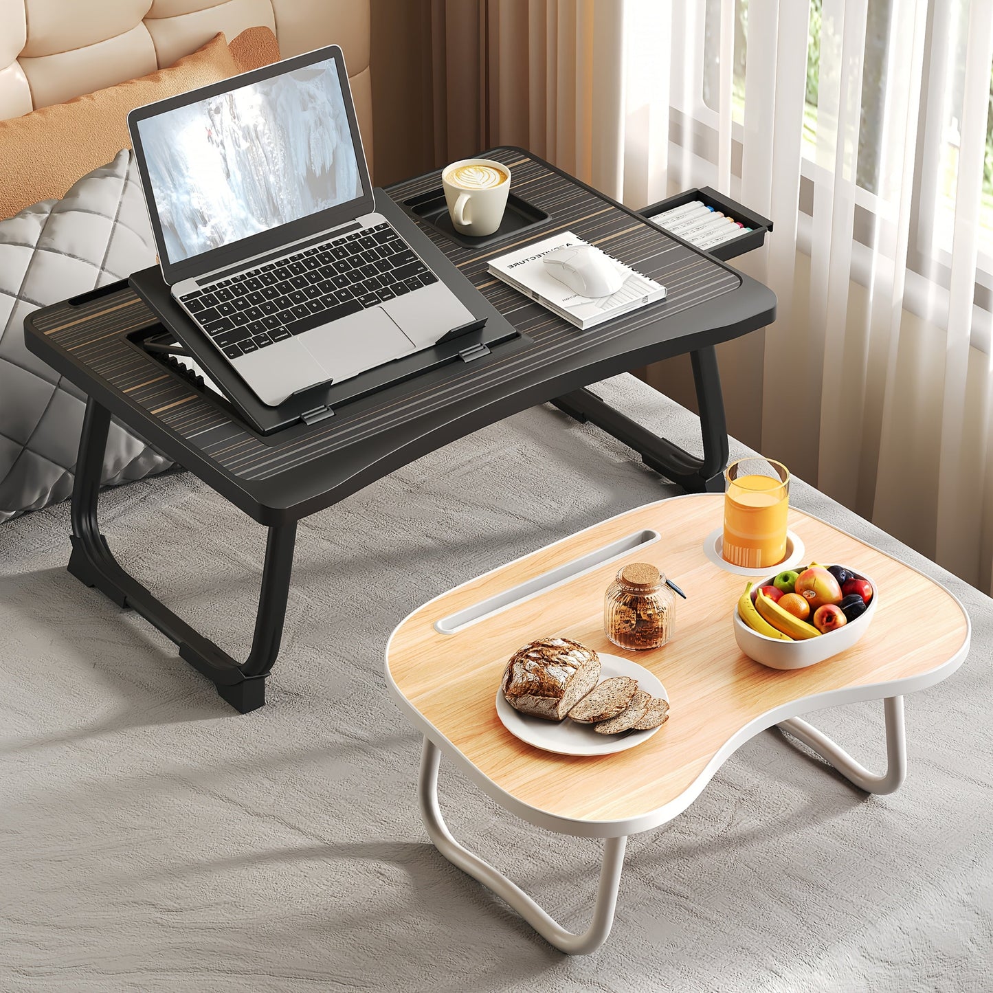 Foldable Laptop Desk Portable Bed Desk with Cup Holder and Tablet Slot Fiberboard Lap Desk for Work Study Drawing and Dining in Bed Sofa Floor Available in Black and Walnut