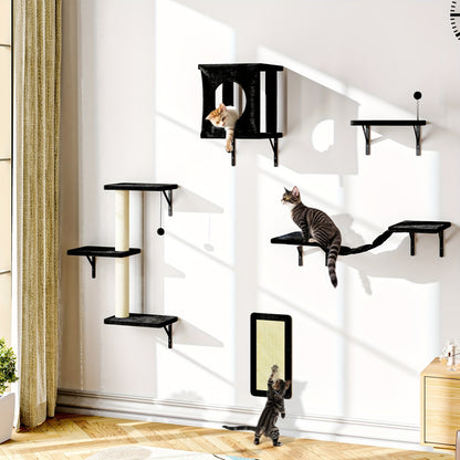 Cat Wall Shelves 5-Piece Set - Wall-Mounted Floating Cat Perch, Climber & Bridge, Modern Cat Furniture for Indoor Cats, Cat Tree Alternative with Cat Bed Platform, Space-Saving Cat House
