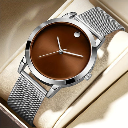 Men's Minimalist Stainless Steel Band Quartz Watch Slim Round Dial Casual Fashion Everyday Wear Gift for Him Silver Brown