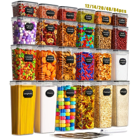Airtight Food Storage Containers Set with Flip Lids, Labels & Marker – BPA-Free Plastic Pantry Organizer Boxes for Kitchen, Travel & Picnic, Fresh-Keeping Container Set in 12/14/20/48/84 Piece Options
