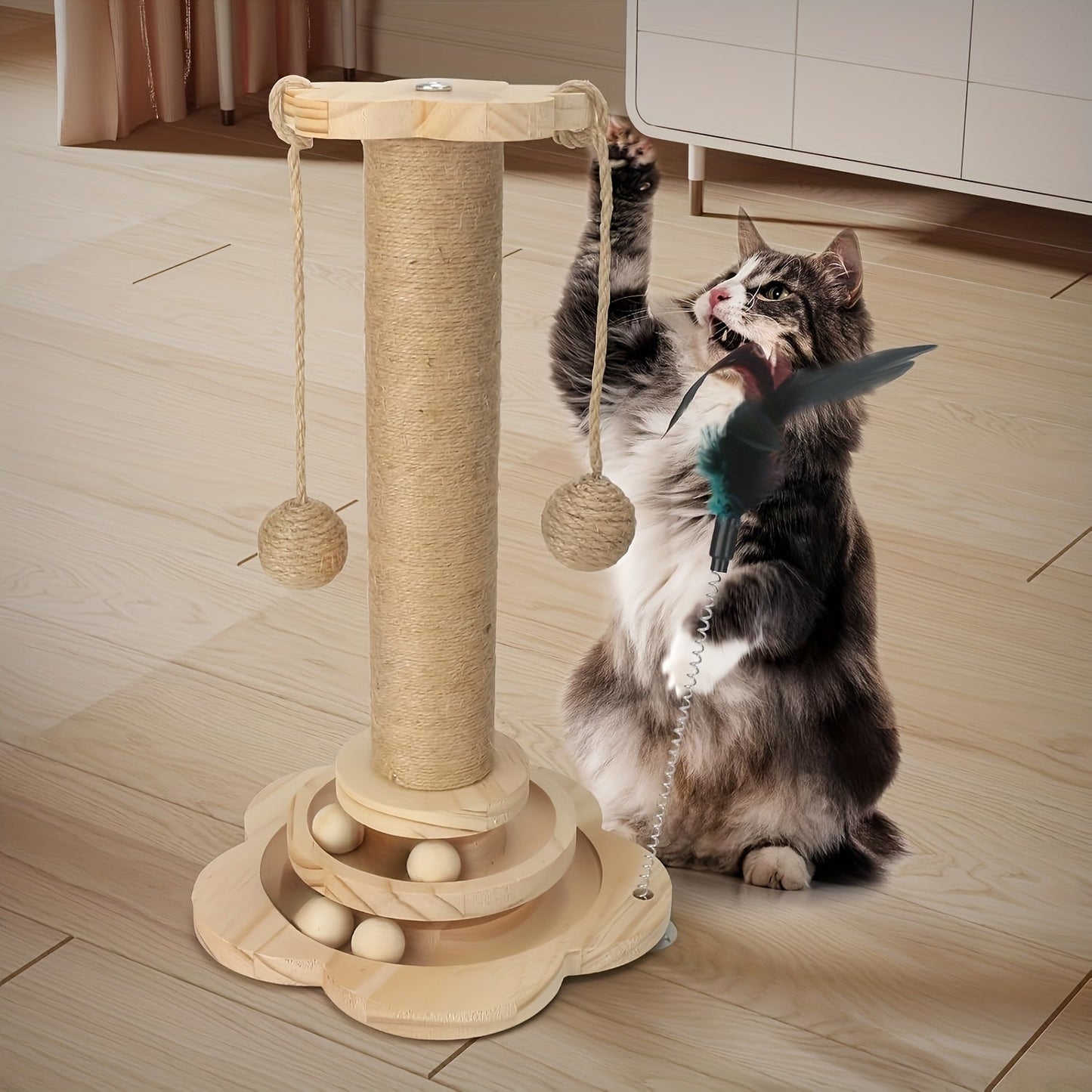 5-in-1 Wooden Cat Scratching Post Toy for Indoor Cats Tall Sisal Post 2-Level Track Ball Interactive Feather Toy Hanging Balls Cat Furniture for Kittens Adults