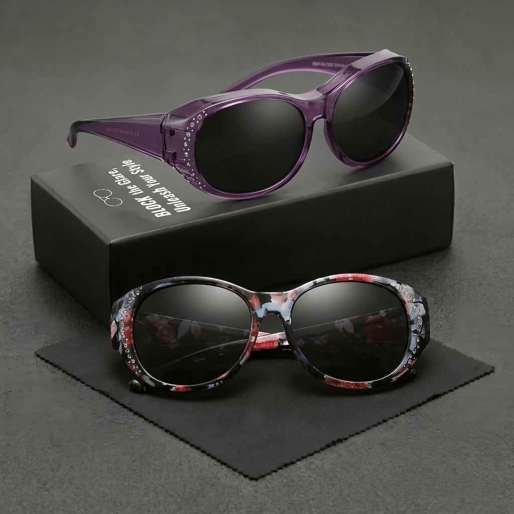 2-Pack Women's Polarized Fit Over Glasses for Prescription Eyeglasses – Rhinestone Accent Wraparound Sunglasses, Anti-Glare Polarized Lenses, No Adapter Needed, Multiple Color Options