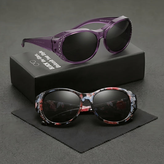 2-Pack Women's Polarized Fit Over Glasses for Prescription Eyeglasses – Rhinestone Accent Wraparound Sunglasses, Anti-Glare Polarized Lenses, No Adapter Needed, Multiple Color Options