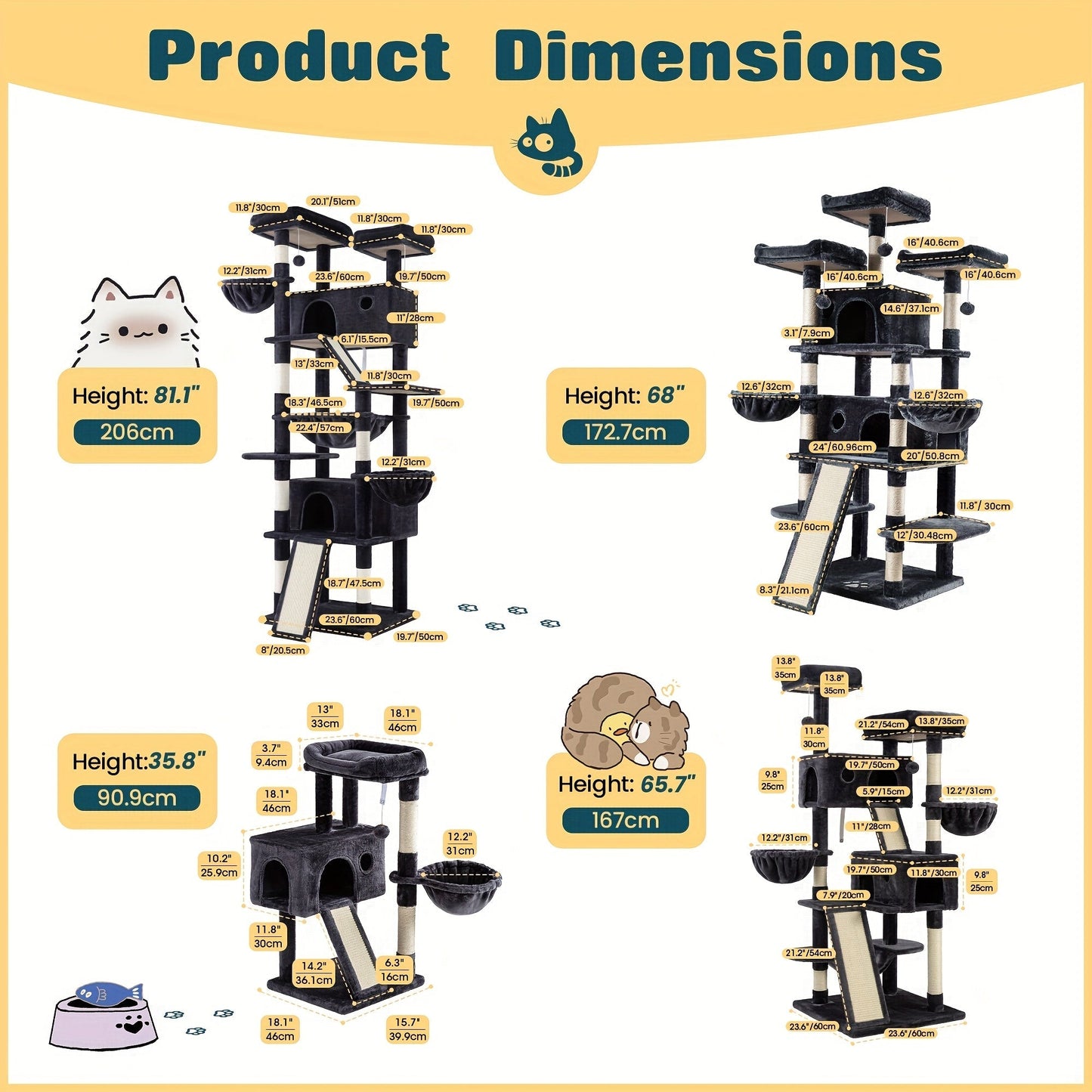 WEEWAY Corner Cat Tree Tower for Indoor Cats 36–81 Inch – Multi-Level Cat Furniture with Sisal Scratching Posts, Condo Cave, Hammock, Ramps, Plush Perches, Basket & Pompom Toys, Perfect Cat Gift