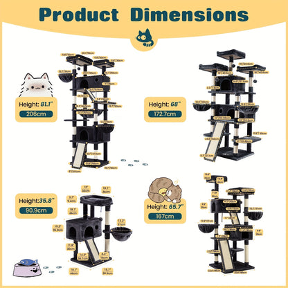 WEEWAY Corner Cat Tree Tower for Indoor Cats 36–81 Inch – Multi-Level Cat Furniture with Sisal Scratching Posts, Condo Cave, Hammock, Ramps, Plush Perches, Basket & Pompom Toys, Perfect Cat Gift
