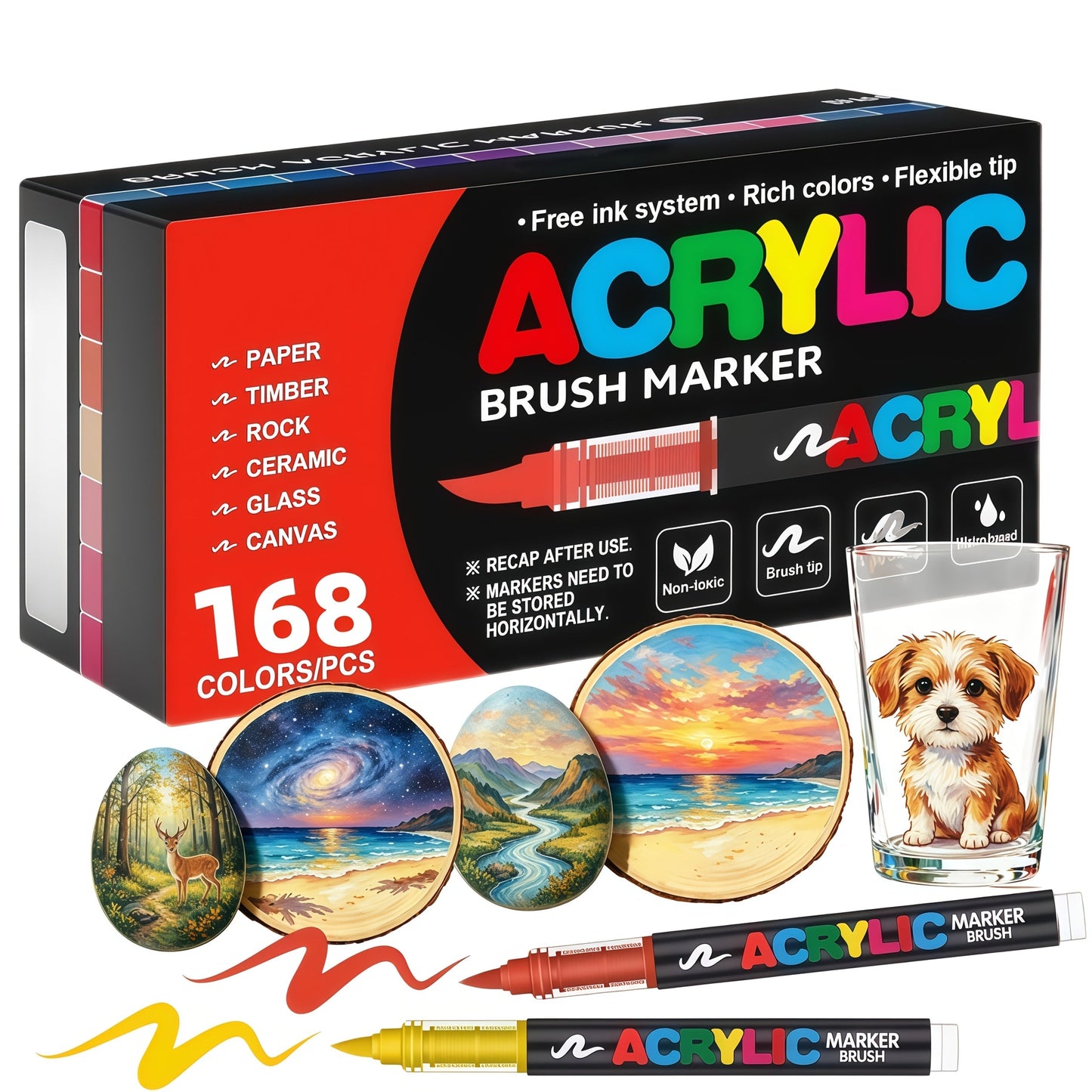 Acrylic Paint Markers Brush Tip Waterproof Quick-Drying Paint Pens for Rock Painting Wood Canvas Glass Ceramic Metal 12 to 168 Colors Art Craft Supplies Gift