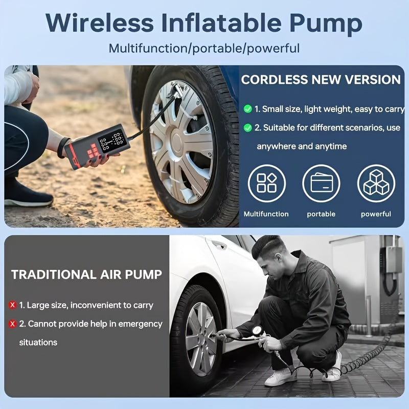 Portable Tire Inflator Air Compressor Wireless – USB Rechargeable, Digital Display, LED Light, Multi-Nozzle Adapter, Lithium Battery, Fits Car, Motorcycle, Bicycle, Sports Balls