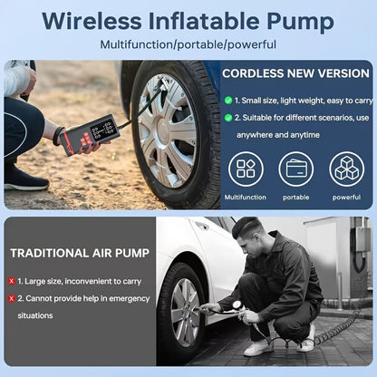 Portable Tire Inflator Air Compressor Wireless – USB Rechargeable, Digital Display, LED Light, Multi-Nozzle Adapter, Lithium Battery, Fits Car, Motorcycle, Bicycle, Sports Balls