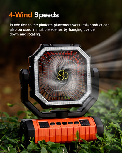 20000mAh Portable Camping Fan with LED Light – USB Rechargeable Outdoor Tent Fan for Hiking, Fishing & Camping – Durable Compact Design with Handle, Green & Orange