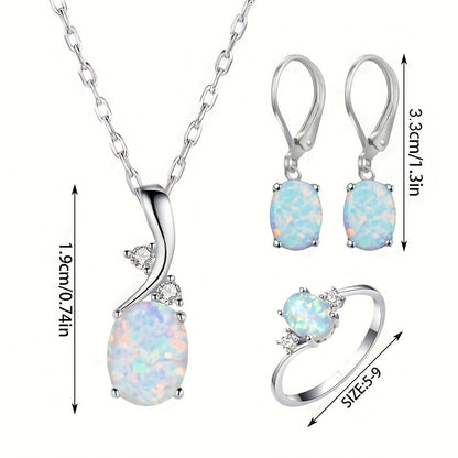 925 Silver Opal Water Drop 4pcs Jewelry Set for Women – Elegant Boho Necklace, Earrings & Ring Set, Luxury Party Jewelry with Iridescent Opal Pendant, Sizes 7-9