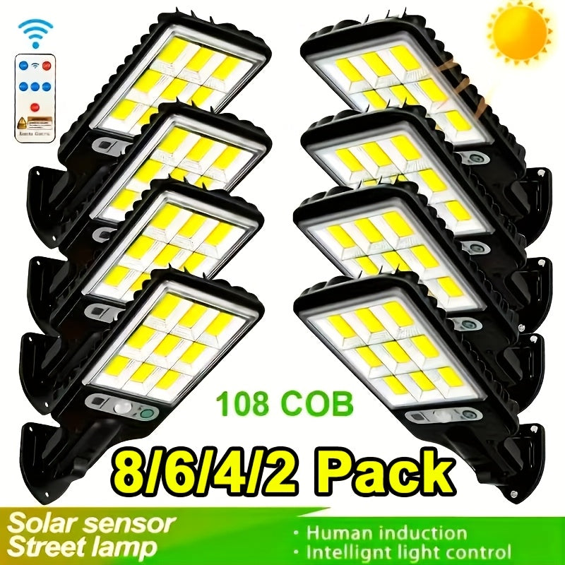 Solar Security Wall Light 108COB LED Motion Sensor with Remote Control – 3 Working Modes, Outdoor Waterproof Spotlight for Garden Patio Porch Garage Door – 2/4/6/8 Pack, Holiday Gift
