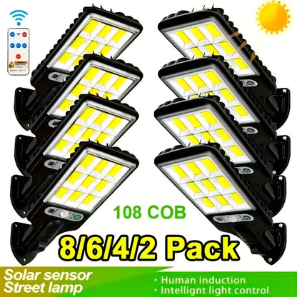 Solar Security Wall Light 108COB LED Motion Sensor with Remote Control – 3 Working Modes, Outdoor Waterproof Spotlight for Garden Patio Porch Garage Door – 2/4/6/8 Pack, Holiday Gift