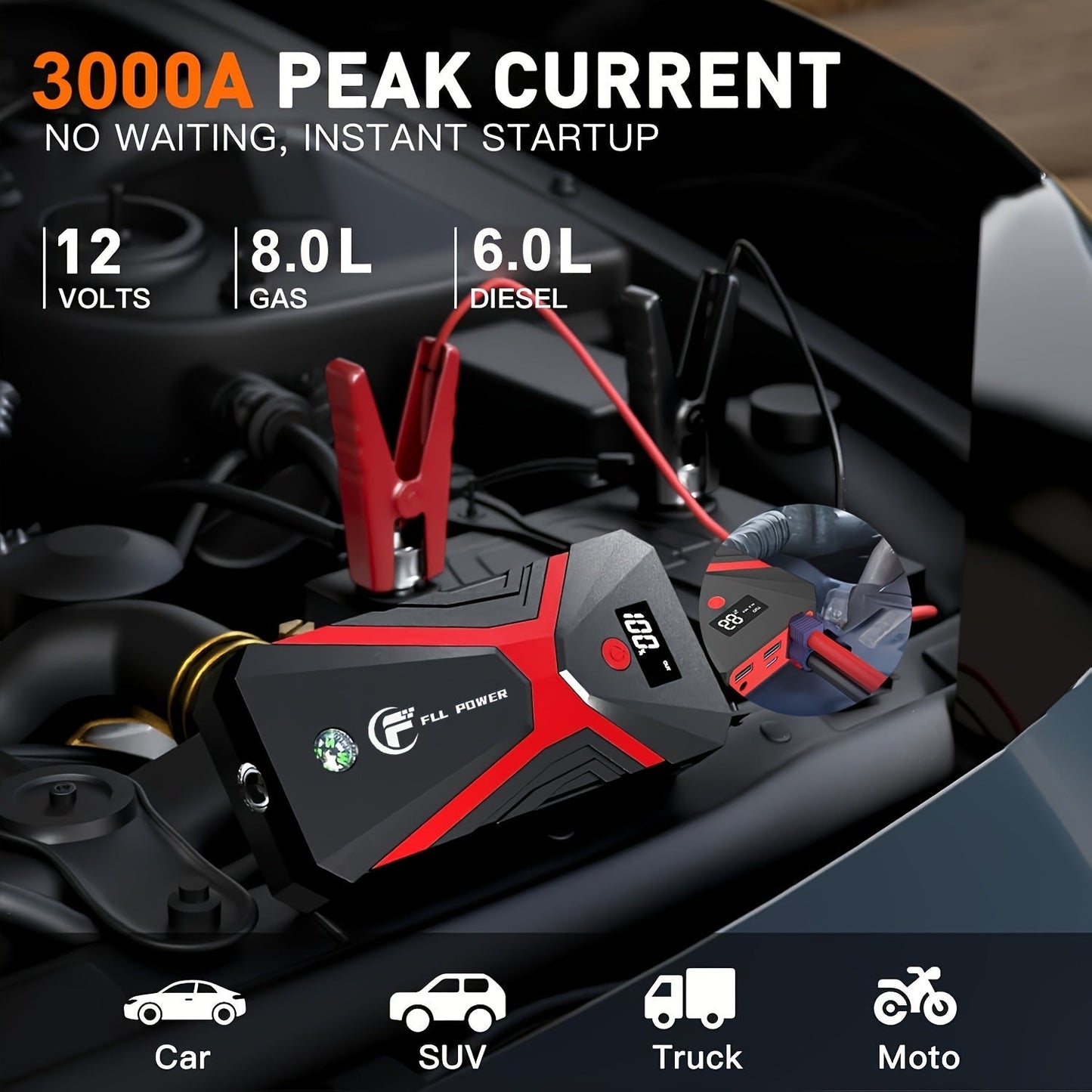 Portable Car Jump Starter Power Pack 1600A–3000A 12V Battery Booster – Compact Emergency Start for Gas & Diesel Engines with USB Charge Ports & LED Flashlight