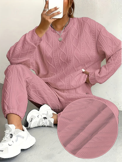 Women's 2-Piece Pullover Sweatsuit Set – Textured Jacquard Crewneck Long Sleeve Top & Sweatpants Tracksuit Breathable Casual Loungewear for Spring Summer S-XXL