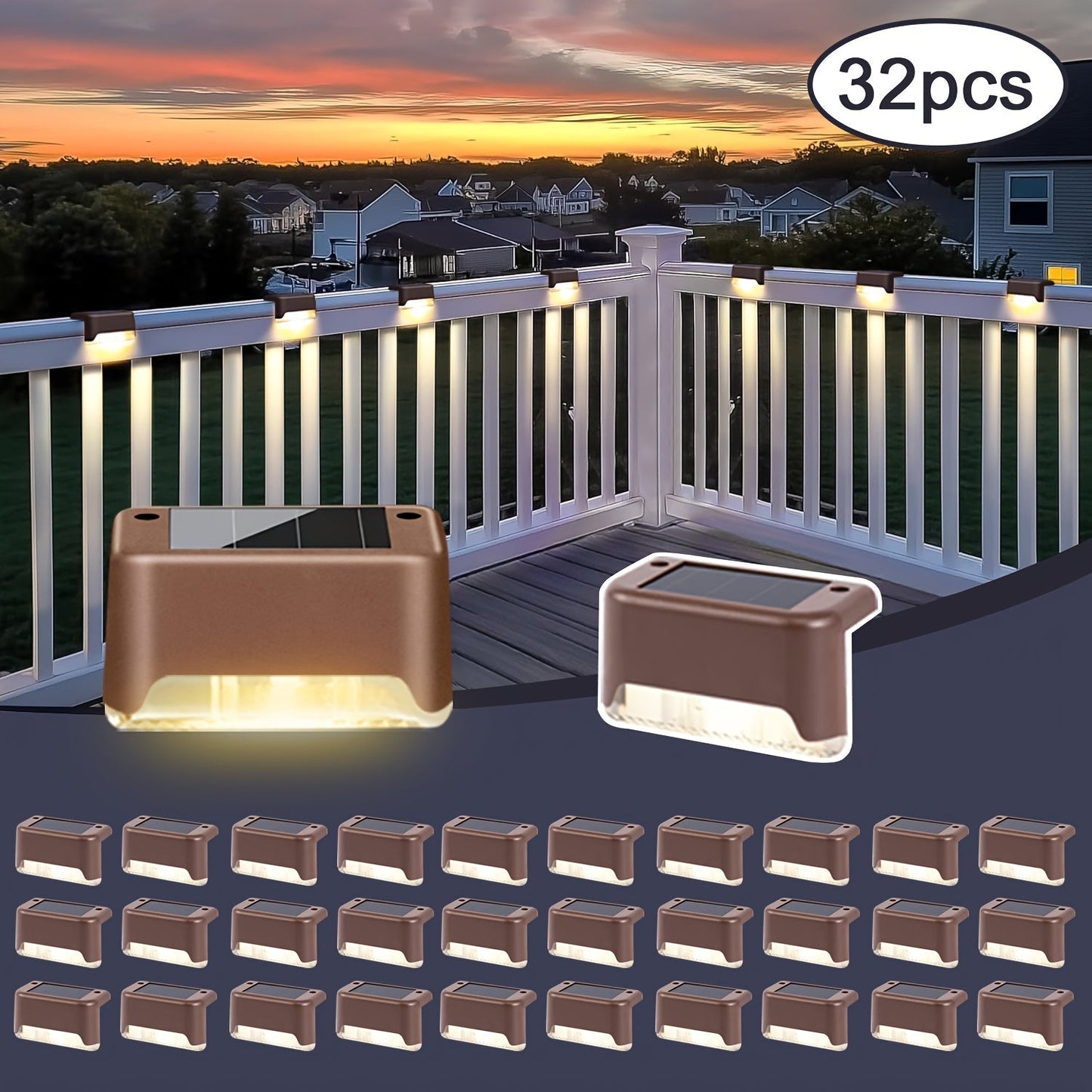 Solar Deck Lights Outdoor Waterproof LED Step Stair Fence Lights 8 16 32 Pack Auto Dusk to Dawn 800mAh Warm White Solar Powered Pathway Patio Garden Driveway Yard Wall Lighting