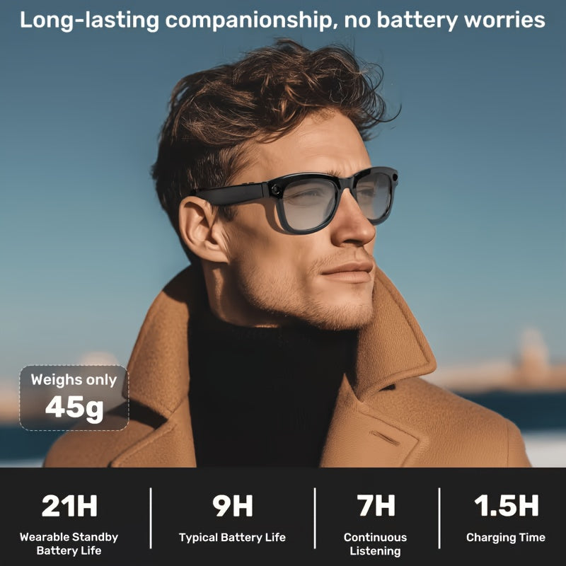 AI Smart Glasses with 8MP HD Camera Touch Control ChatGPT Real-Time Translation Wireless Calling Blue Light Protection Noise Reduction Dual Mics Photochromic Lens for Cycling Driving Travel Office