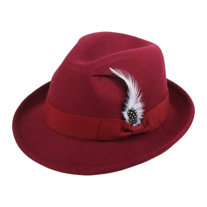 Short Brim Felt Fedora Hat for Men & Women – Classic Feather Panama Dress Hat in 7 Colors, Black Brown Navy Red Gray Coffee, Unisex Jazz Cap for Formal Casual Daily Wear