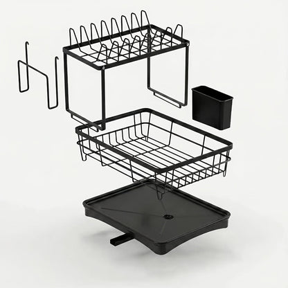 2-Tier Dish Drying Rack for Kitchen Counter with Drainboard Drain Mat Knife Fork Cup Holder Utensil Organizer Dish Drainer Kitchen Gadget Gift for Women Mother's Day