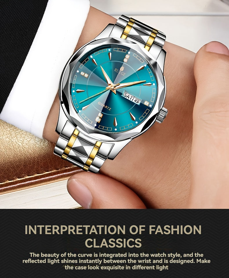 RUIGE Men's Fashion Quartz Watch – Night Light, Dual Calendar, Diamond Shaped Mirror Dial, Stainless Steel Case, Alloy Strap, Business Casual Wristwatch, Perfect Father's Day Gift for Men