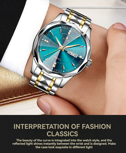 RUIGE Men's Fashion Quartz Watch – Night Light, Dual Calendar, Diamond Shaped Mirror Dial, Stainless Steel Case, Alloy Strap, Business Casual Wristwatch, Perfect Father's Day Gift for Men