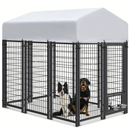 Large Dog Enclosure Outdoor Heavy Duty Welded Wire Steel Dog Playpen with UV-Resistant Roof Cover, Secure Lock Pet Pen Fence for Big Dogs Outside Exercise Play Area