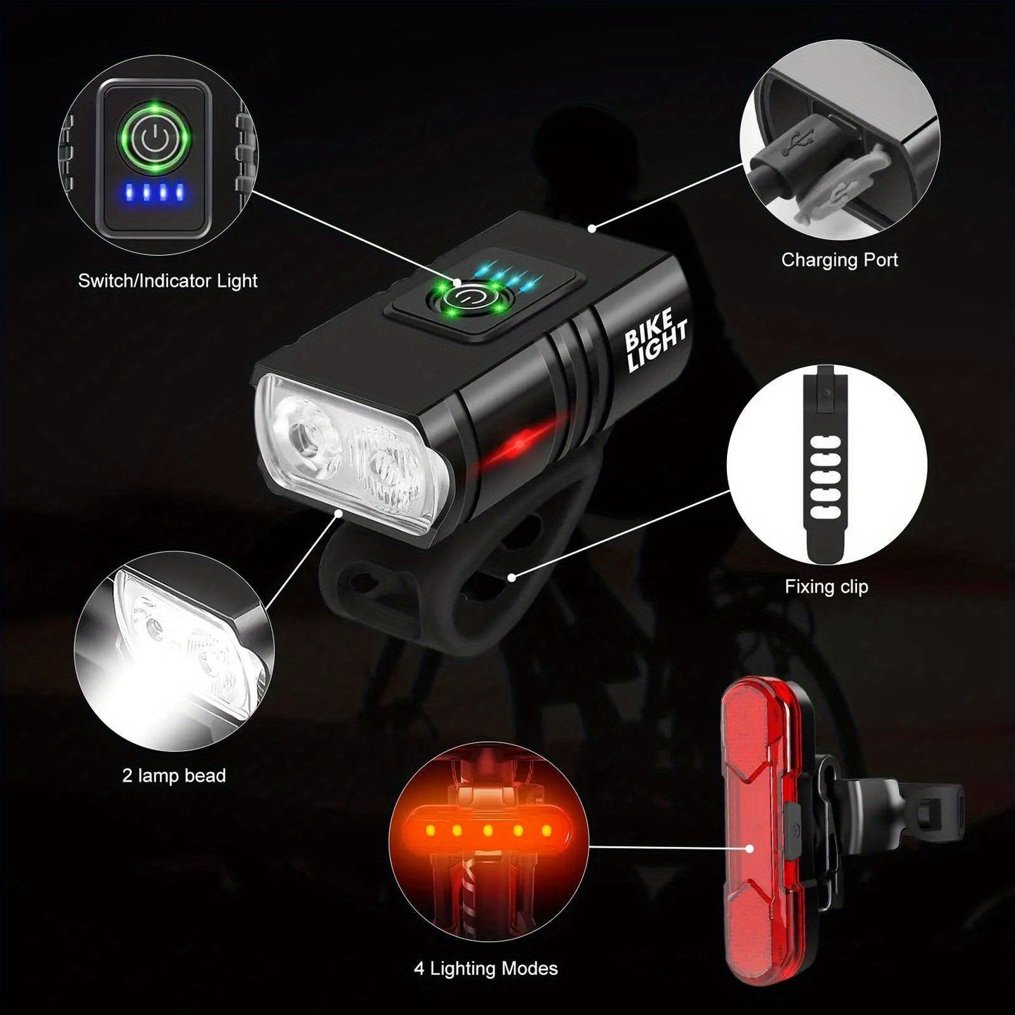 LED Bike Light Set USB-C Rechargeable 1500 Lumen – Front & Rear Bicycle Lights, 6+4 Modes, Waterproof, Power Display, Fast Charging, Safe Night Cycling Light for Road Mountain Bike