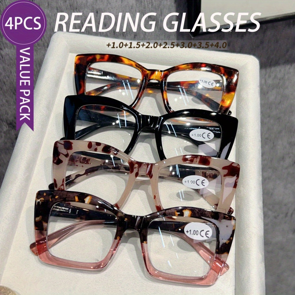 Photochromic Cat Eye Reading Glasses for Women Men 4 Pairs Multi Color Large Frame Spring Hinge Readers +100 to +400 UV Protection Trendy European American Style Holiday Gift Set