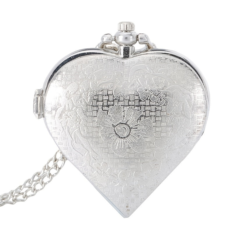 Retro Heart Shaped Pocket Watch Necklace for Women – Vintage Silver Hollow Quartz Pendant Sweater Chain Jewelry Gift for Ladies