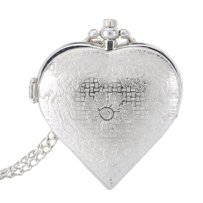 Retro Heart Shaped Pocket Watch Necklace for Women – Vintage Silver Hollow Quartz Pendant Sweater Chain Jewelry Gift for Ladies