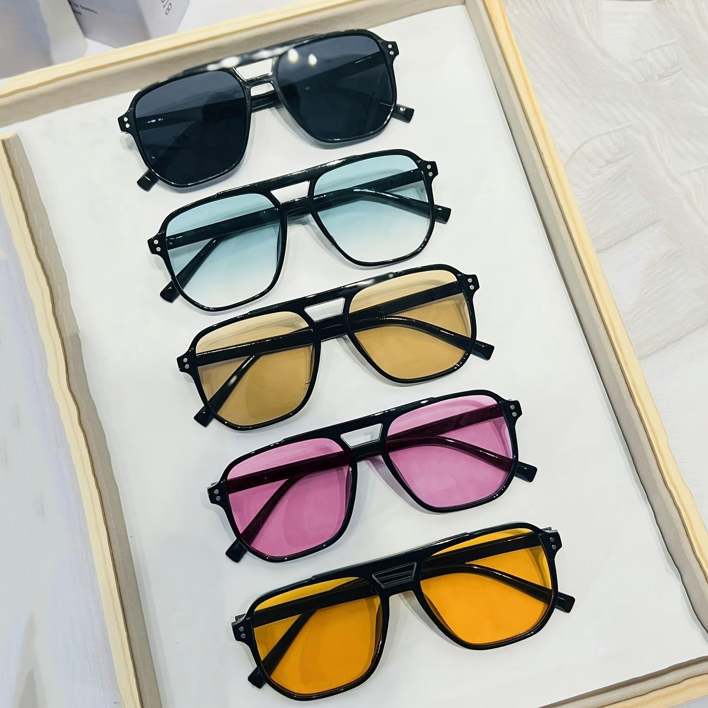 Pilot Square Sunglasses 5pcs Set Large PC Frame UV Protection Unisex Fashion Casual Eyewear for Men and Women Black Frame Multicolor Lenses