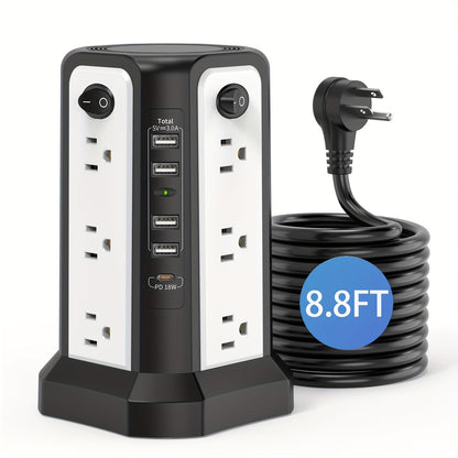 Power Strip Tower 16 AC Outlets 5 USB Ports USB-C PD20W 1500J Surge Protector Flat Plug Desktop Extension Cord