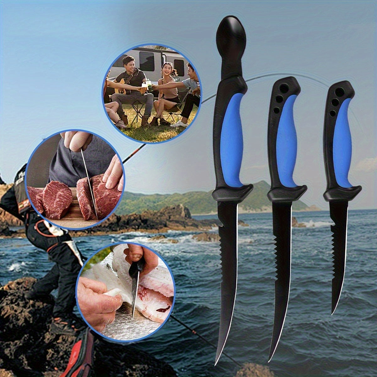 3 Piece Fishing Knife Set with Stainless Steel Blades, Fish Fillet Boning Gutting Knives with Cut Resistant Gloves, Fishing Line Cutter & Cord – Unique Fishing Gift for Anglers & Campers