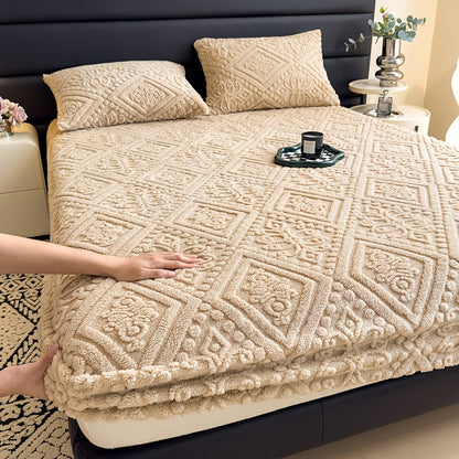 European Embossed Soft Bed Sheet Deep Pocket All Season | Super Soft Machine Washable Mattress Cover | Twin Full Queen King Bedding | Warm Breathable Fitted Sheet | White Gray Khaki Blue Green