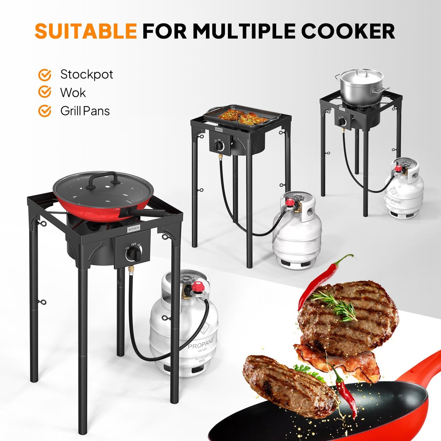 High Pressure Propane Burner Stove 100,000-225,000 BTU - Heavy Duty Cast Iron Outdoor Camp Cooker with Detachable Legs, CSA Listed Regulator, 1 or 3 Burner for Camping, Tailgating & Brewing